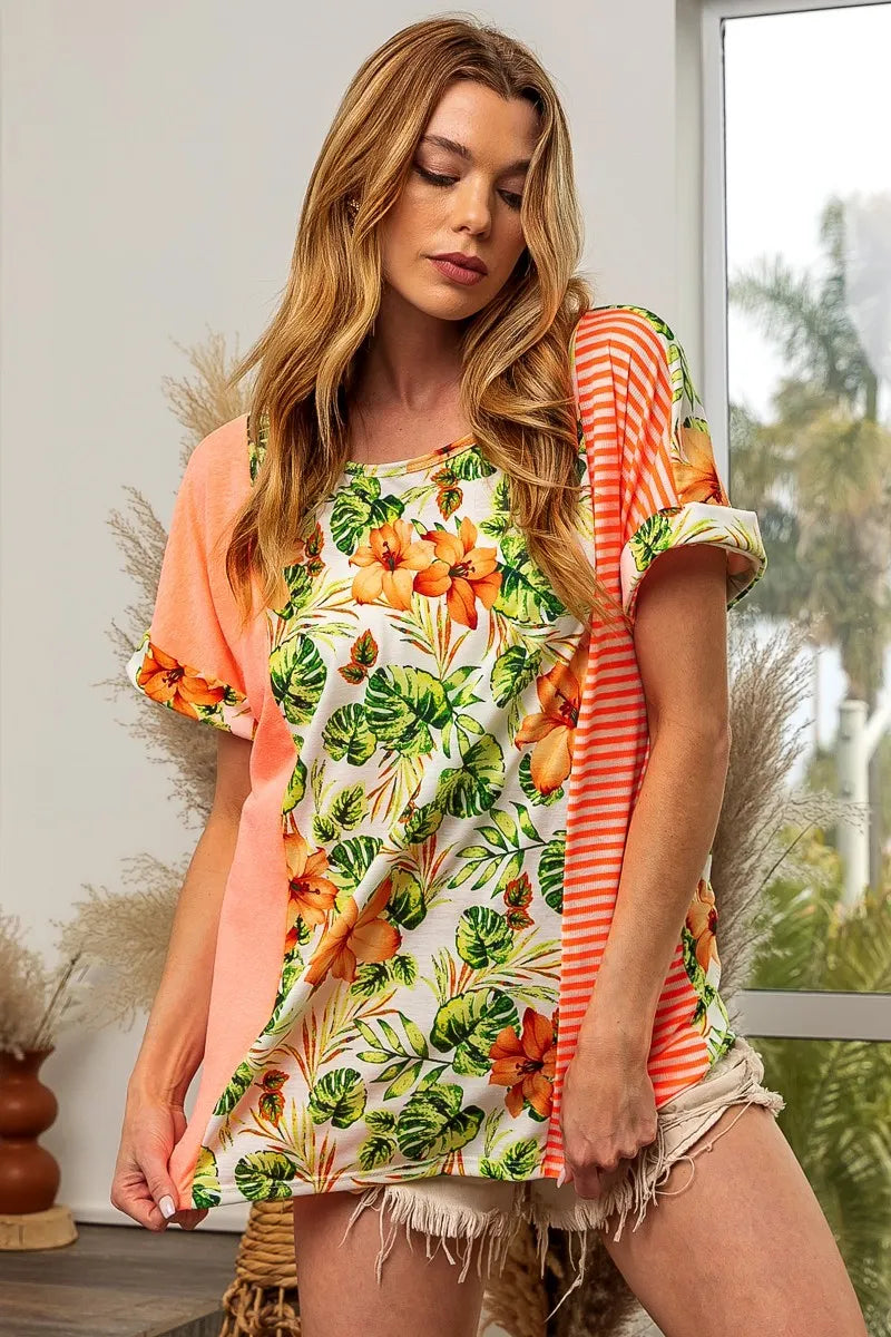 BiBi Floral W Stripe Color Block Dolman Sleeves Top - Love Salve