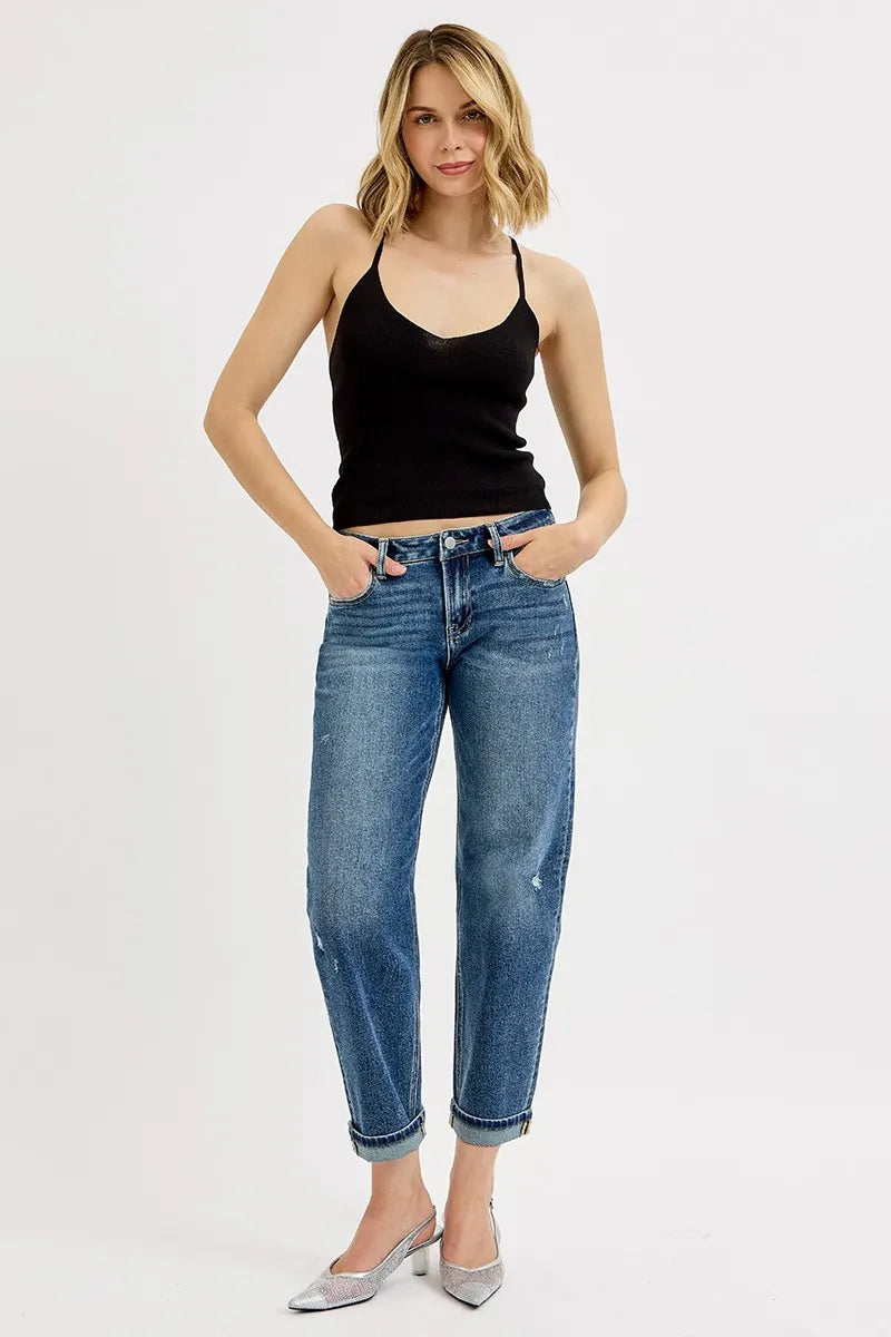 Risen Full Size Low Rise Crop Boyfriend Jeans Plus Size Vintage Medium Blue Wash - Love Salve