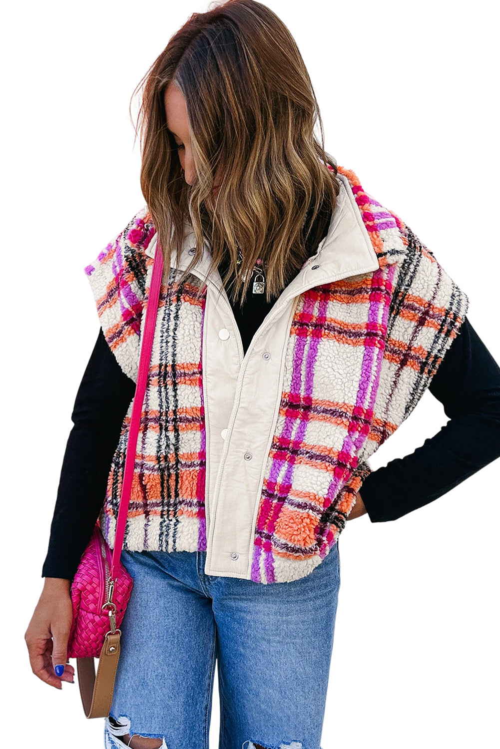 Rose Sherpa Plaid Jacket Vest