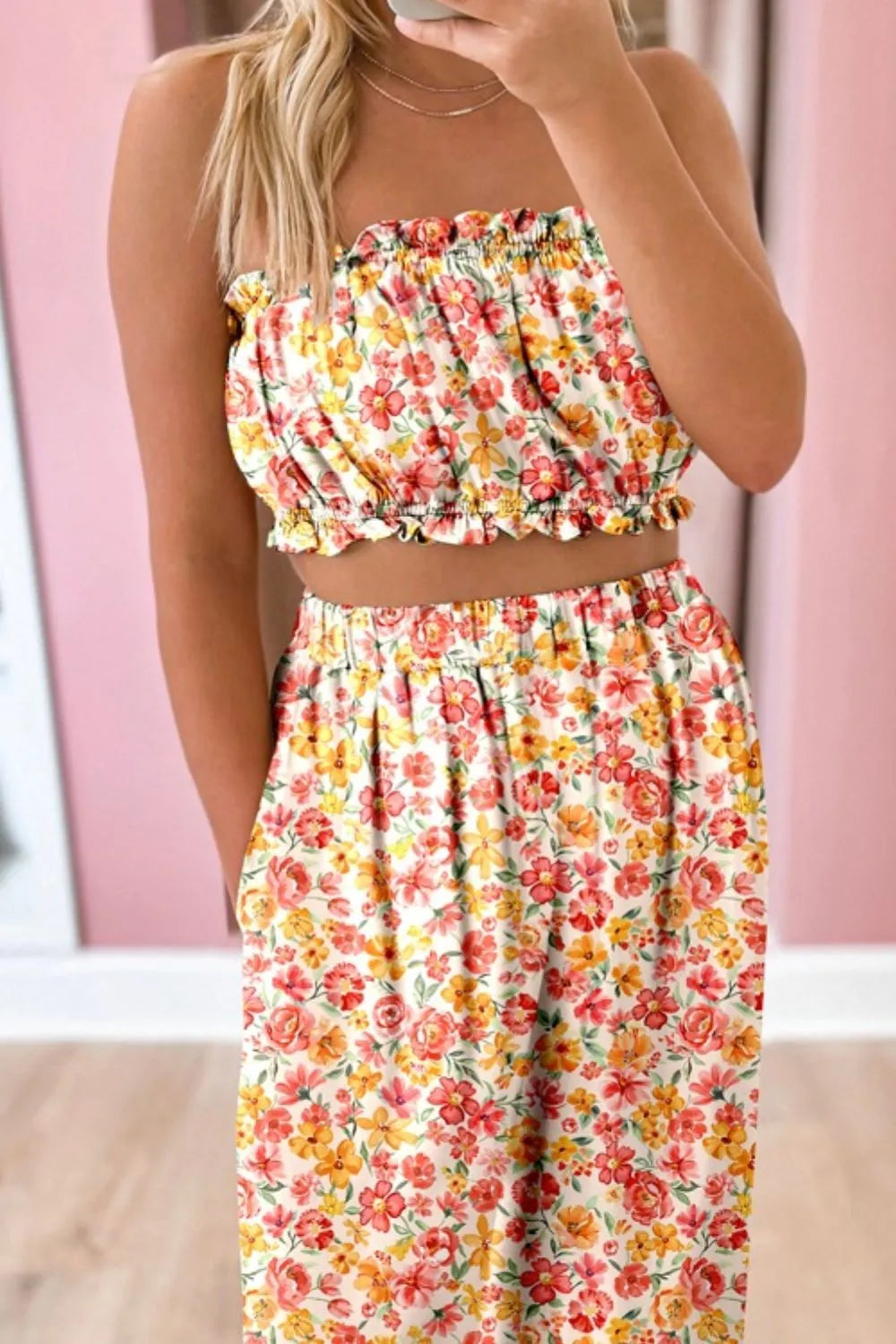 Sunset Bloom Boho Bandeau & Wide-Leg Pants Set