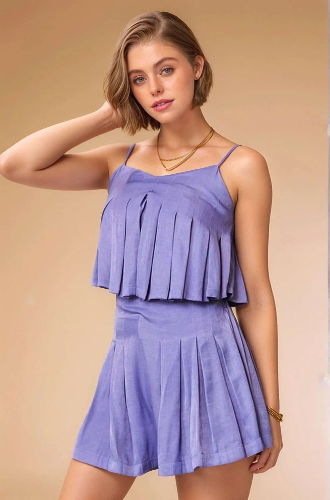 Davi & Dani Pleated Body Elastic Back Babydoll Strappy Top - Love Salve