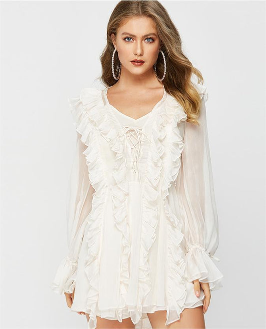 Spring Summer Ruffles Waist Tight Slimming VNeckline Laceup Sexy Waist Trimming Dress Fairy Super Fairy Sweet Bella Mia