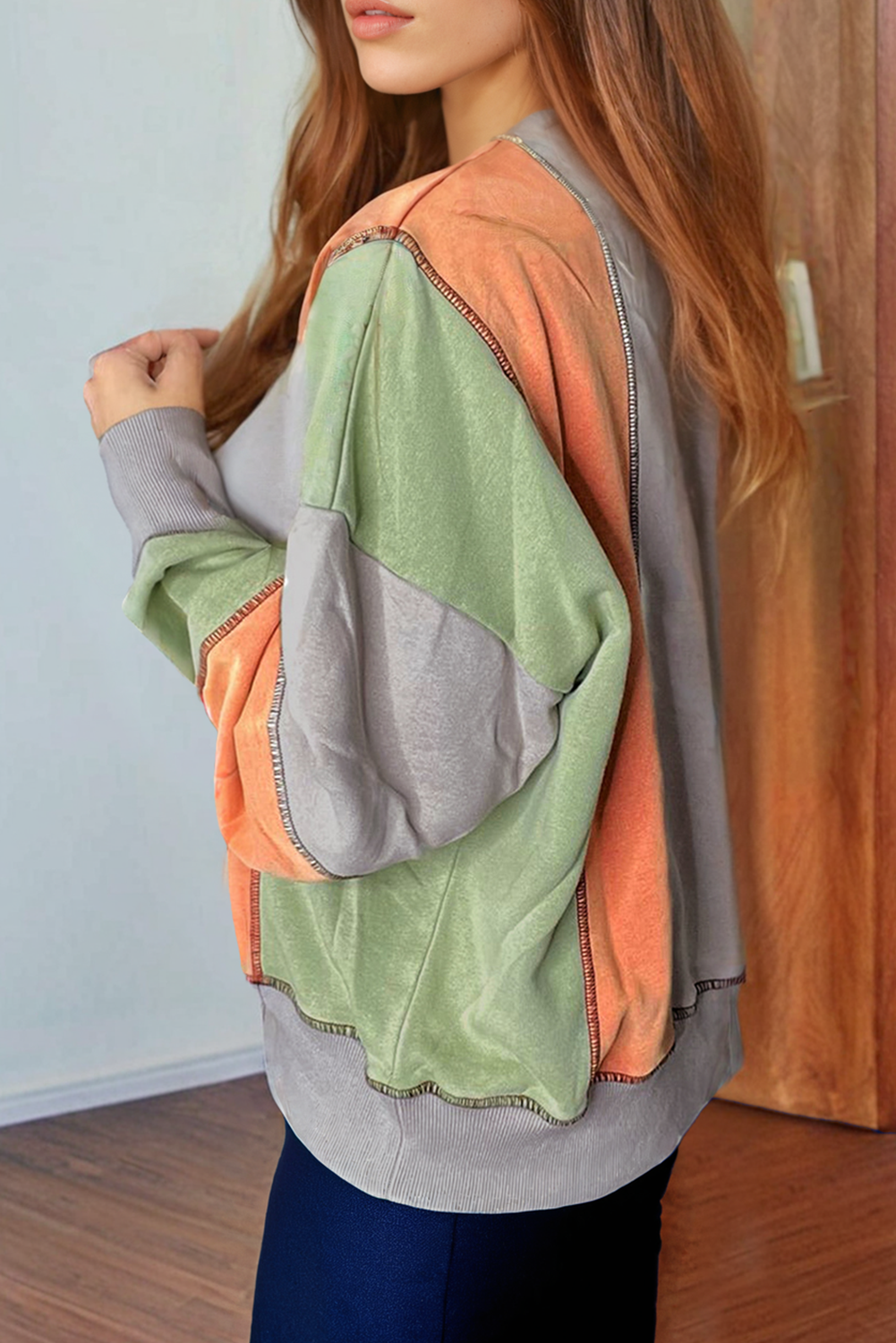 Light Grey Color Block Stitching Detail Half Zipper Sweatshirt - Love Salve