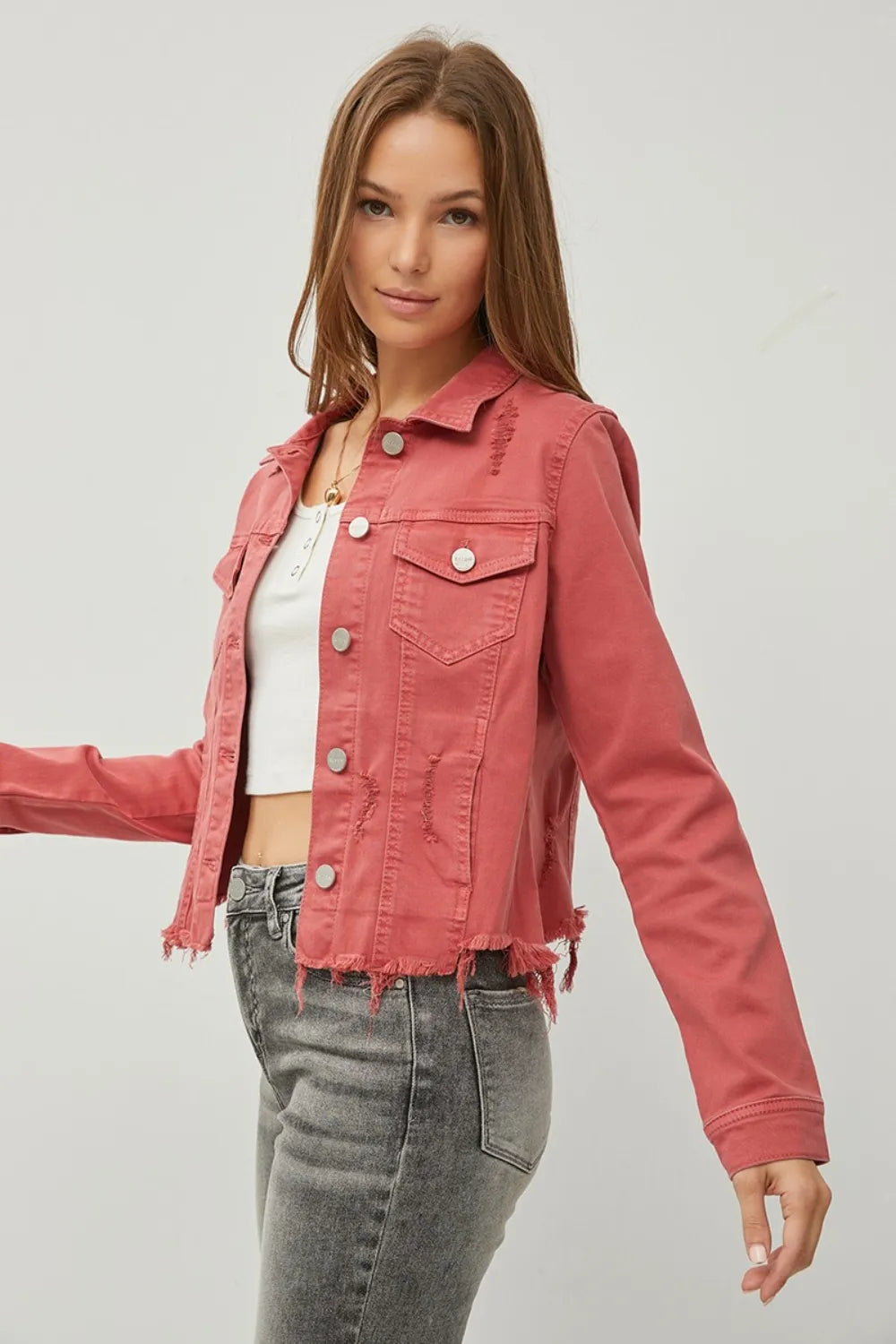 Risen Full Size Raw Hem Button Up Cropped Denim Jacket Plus Size - Love Salve