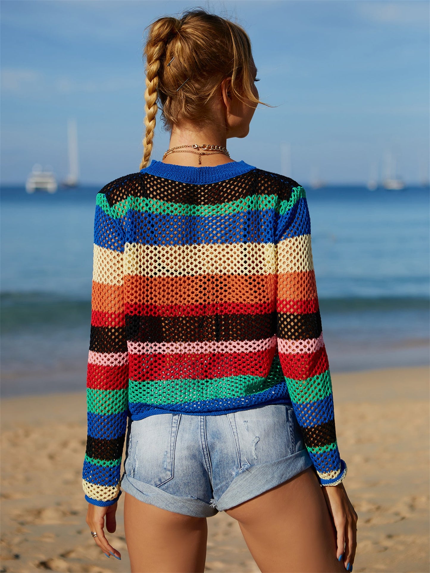 Summer Rainbow Stitching Hollow Out Cutout Bikini Beach Dress Knitted Blouse