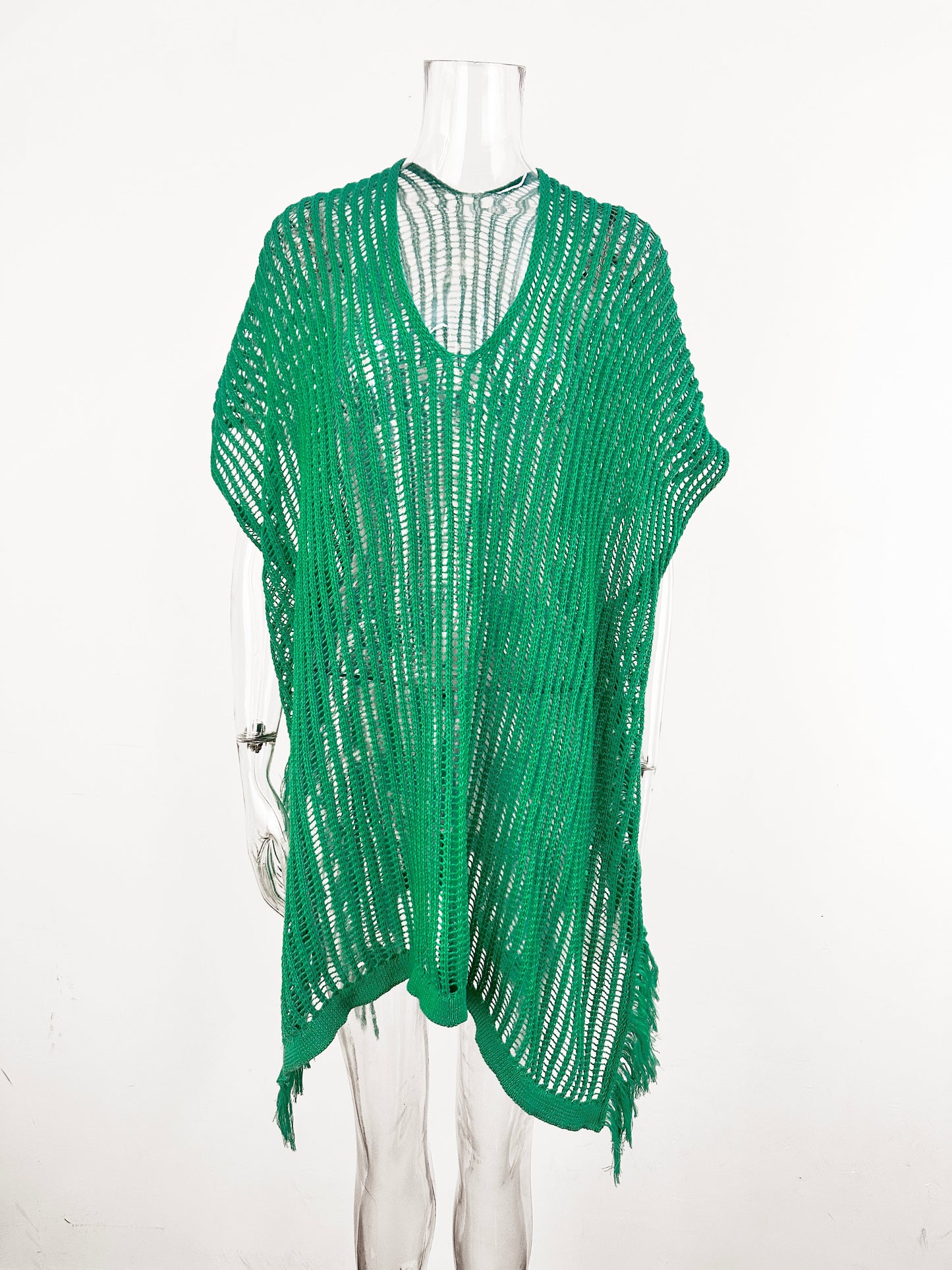 Summer Mid Length V neck Hollow Out Cutout Tassel Beachwear Holiday Shirt Seaside Sun Protection Clothing