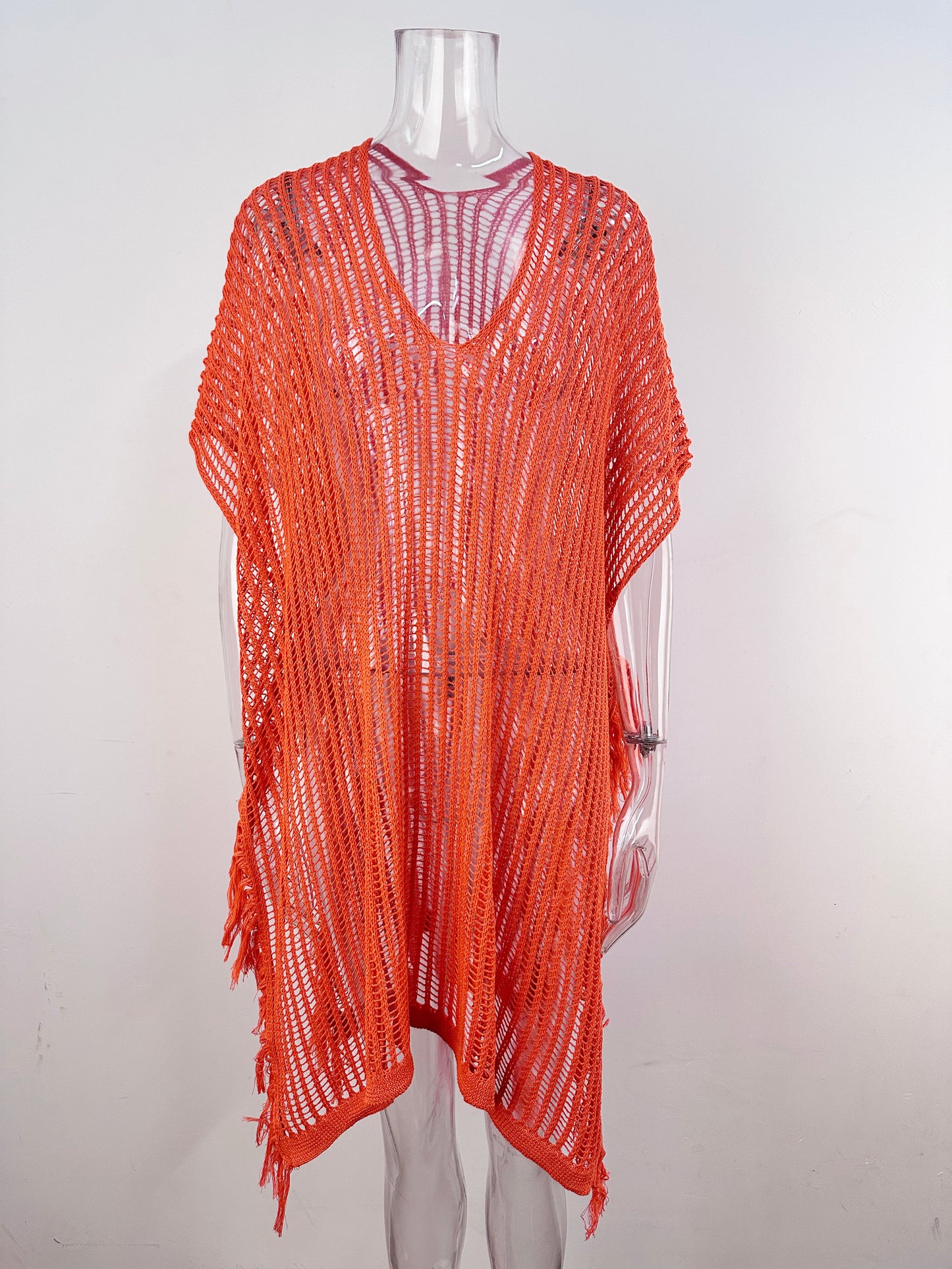 Summer Mid Length V neck Hollow Out Cutout Tassel Beachwear Holiday Shirt Seaside Sun Protection Clothing