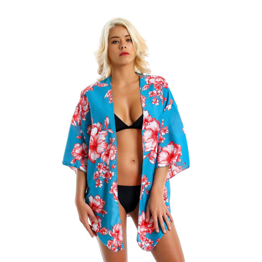 Exclusive for Chiffon Red Printed Short Beach Sun Protection Blouse Swimwear Cover up Bella Mia