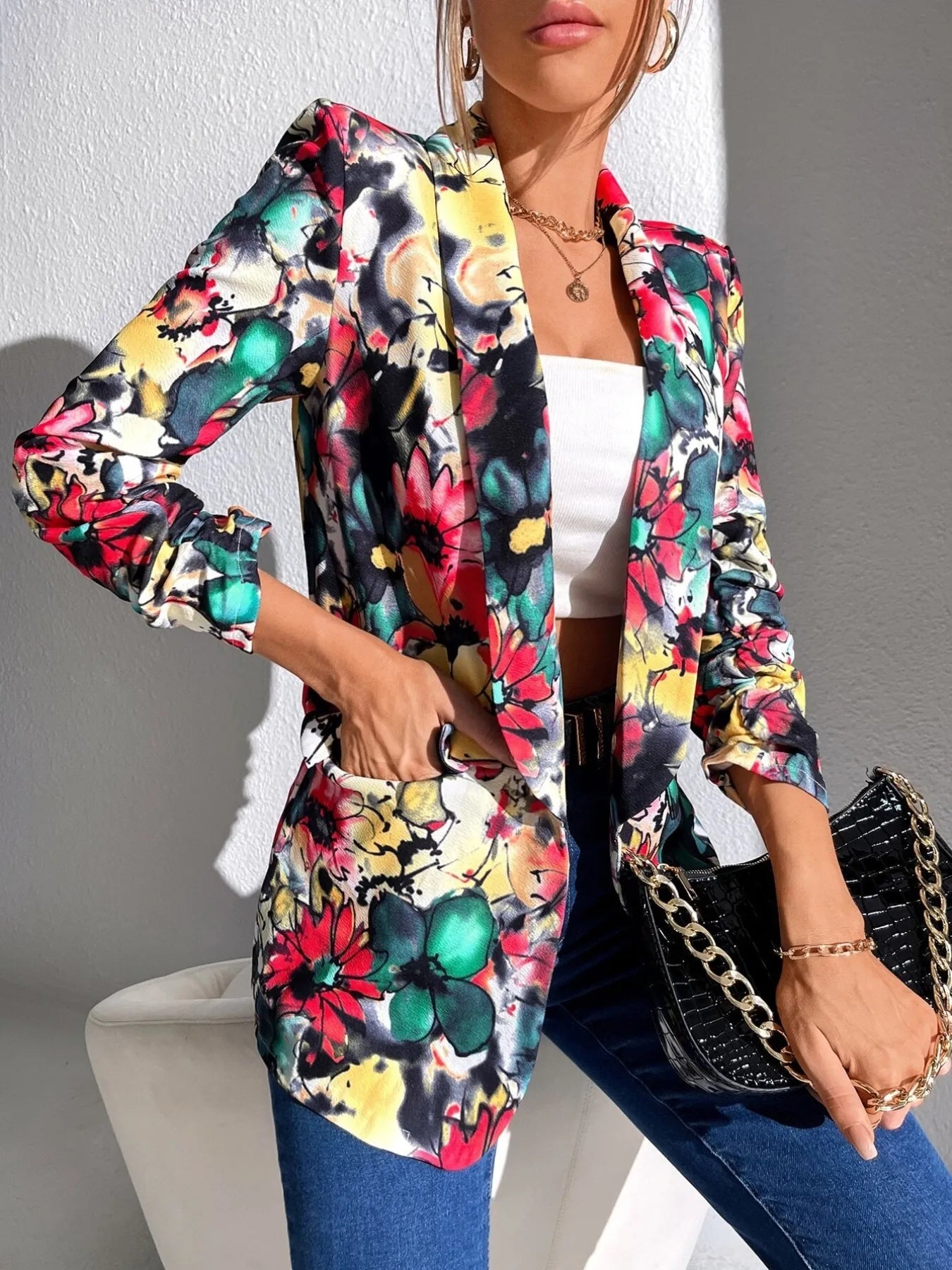 Bold & Blooming Open Front Floral Blazer