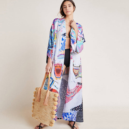 Rayon Printed Mid Length Beach Sun Protection Cardigan Beach Cover Up Swimsuit Outwear Shawl Bella Mia