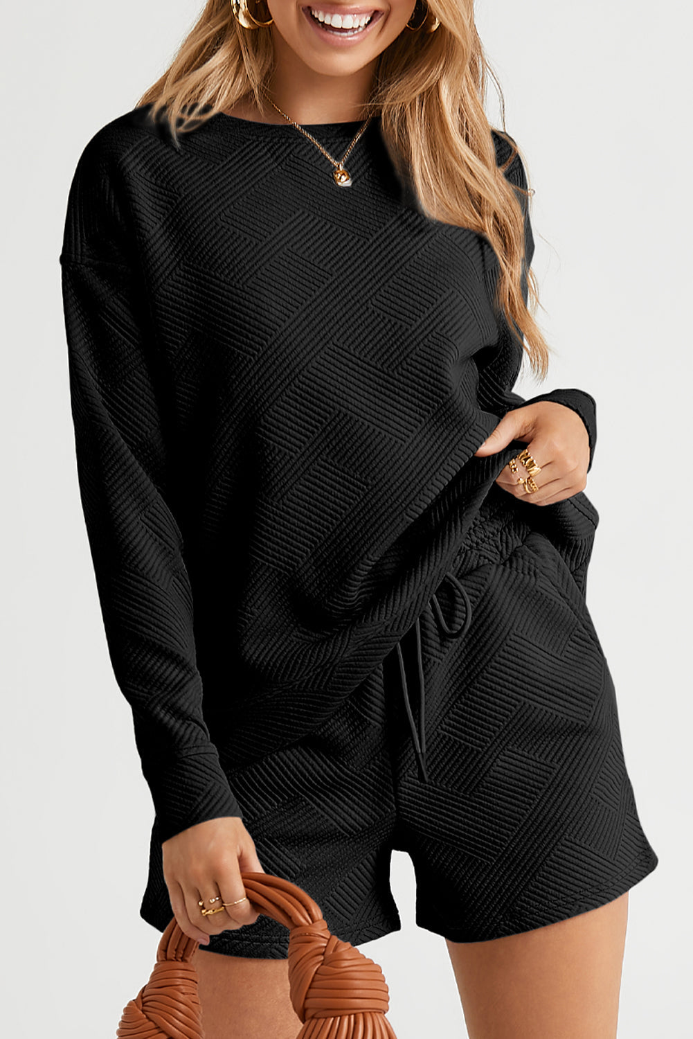 Adalyn Textured Long Sleeve Top and Drawstring Shorts Set - Love Salve