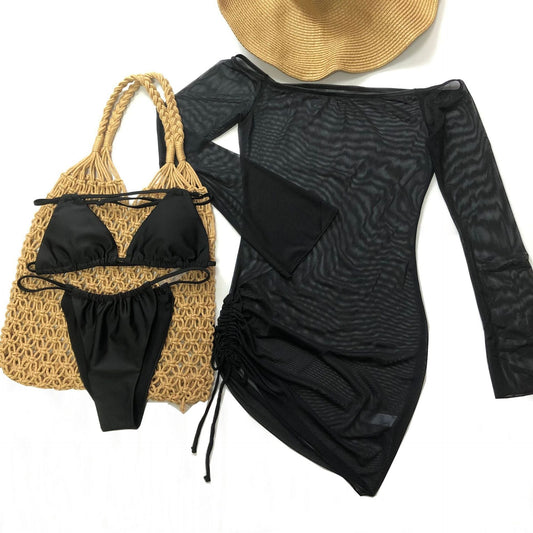 Sexy Swimsuit Outwear off Shoulder Gauzy Sun Protection Clothing Beach Cover up Bikini Three Piece Bella Mia