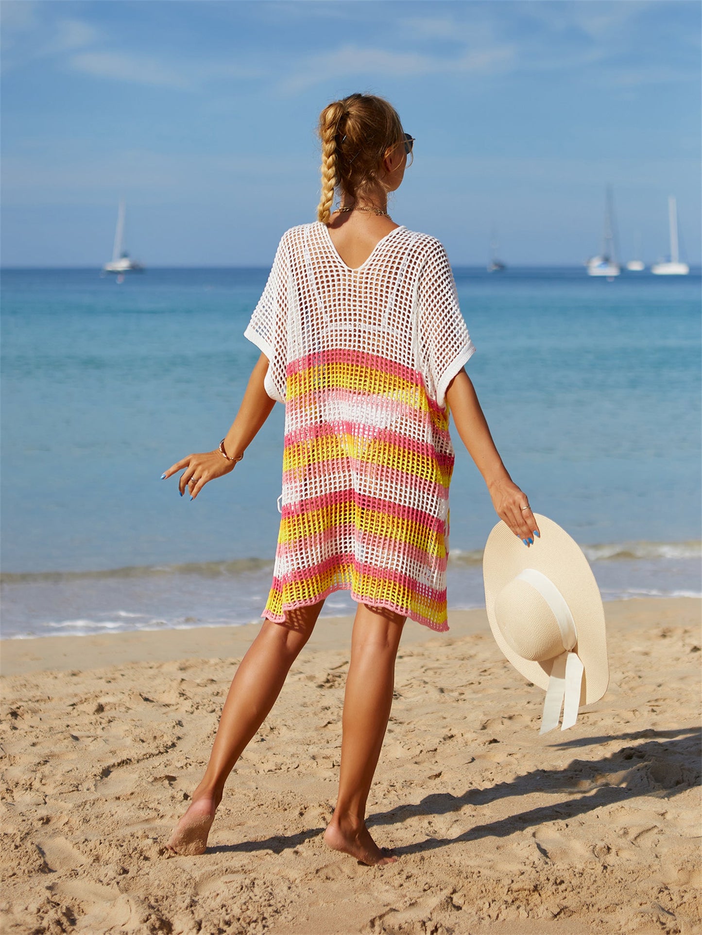Summer Beach Cover up Knitted Rainbow Color Holiday Blouse Bikini Sweater
