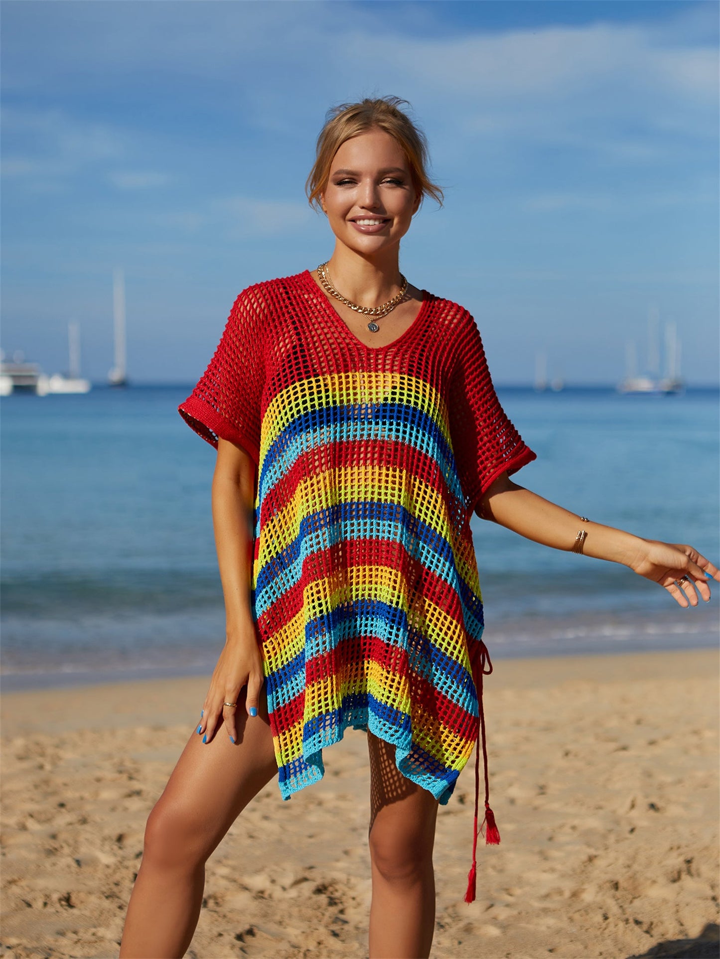 Summer Beach Cover up Knitted Rainbow Color Holiday Blouse Bikini Sweater