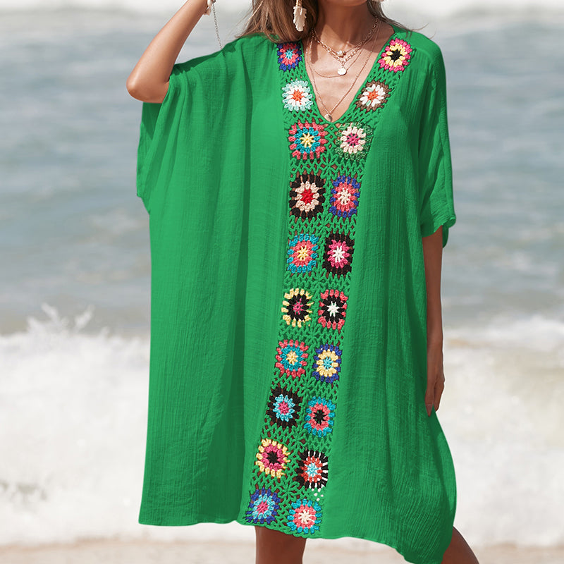 Hand Crocheting Stitching Color Pattern V Neck Pullover Breathable Vacation Beach Cover Up Dress