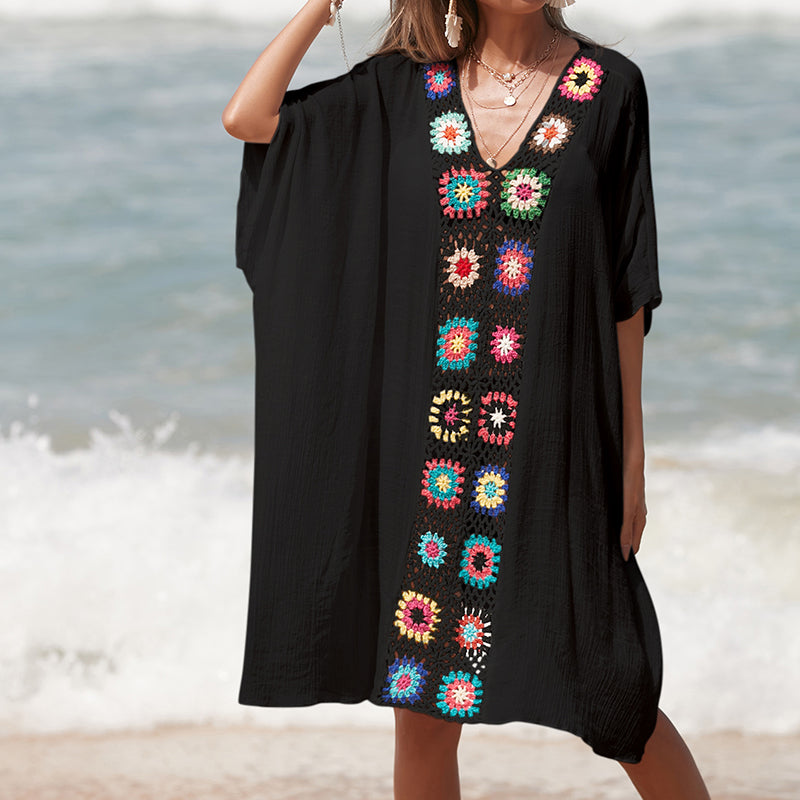 Hand Crocheting Stitching Color Pattern V Neck Pullover Breathable Vacation Beach Cover Up Dress