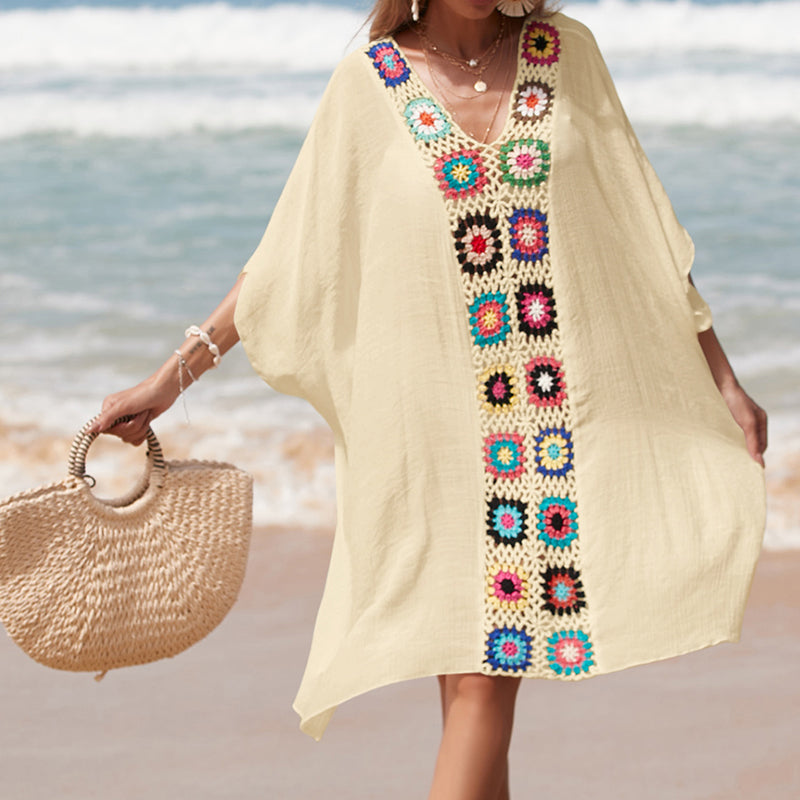 Hand Crocheting Stitching Color Pattern V Neck Pullover Breathable Vacation Beach Cover Up Dress