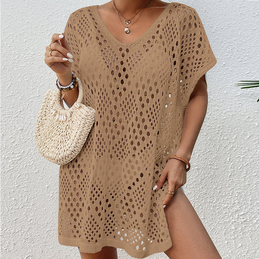 Women Wear Hollow Out Cutout Woven Loose Mid Length Beach Cover up Vacation Beach Sun Protection Shirt Crochet hook Bella Mia