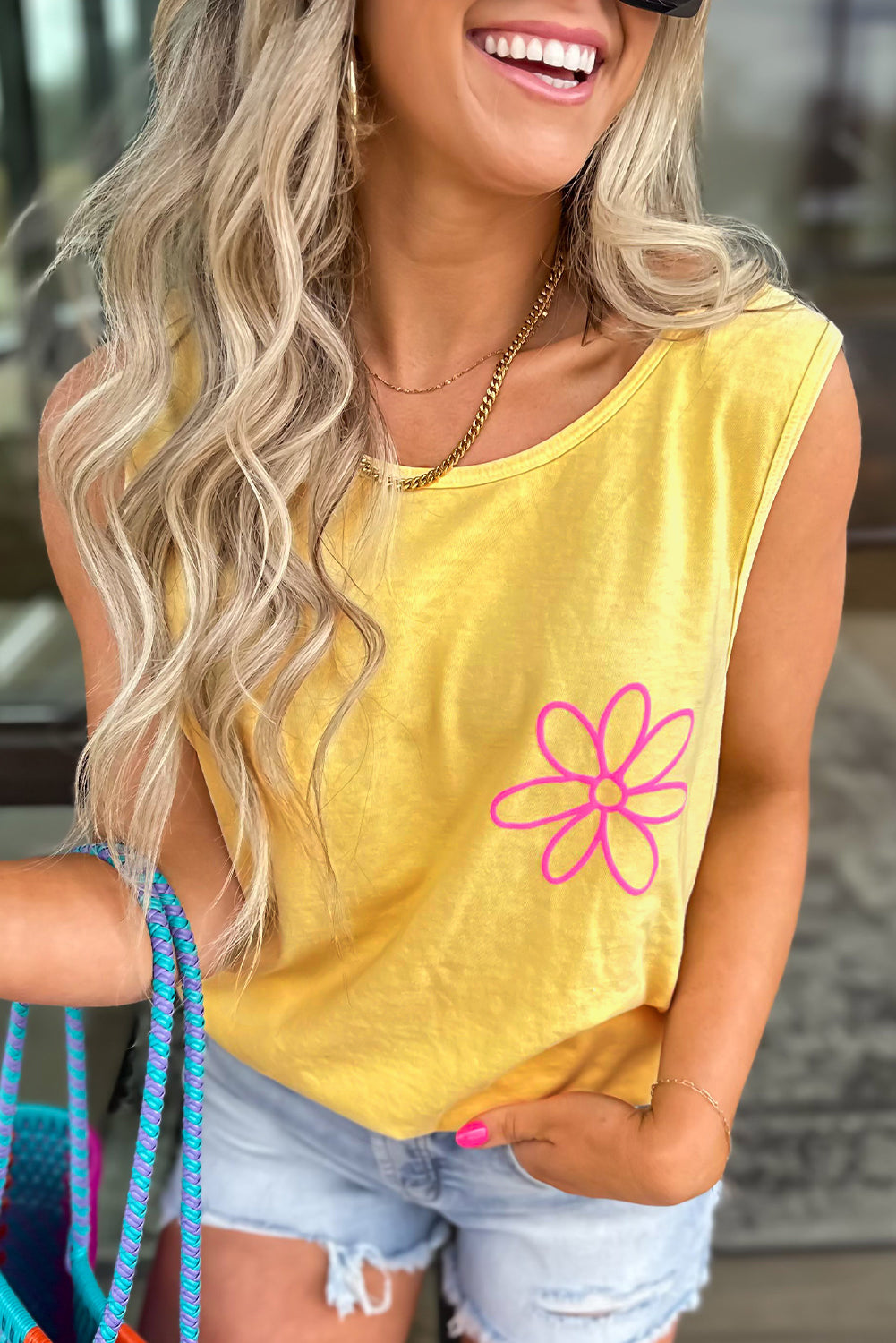 Yellow Cream Flower Graphic Casual Tank Top for Summer Style