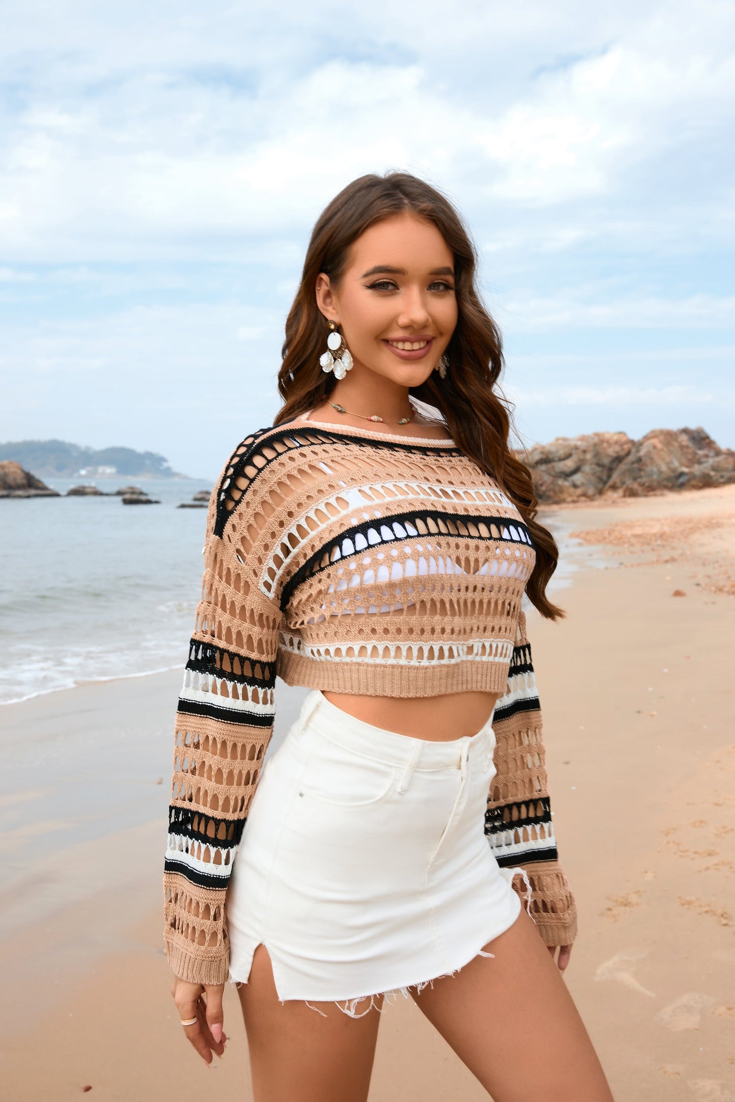 Spring Summer Women Hollow Out Cutout Striped Stitching Sexy Pullover Women Knitwear