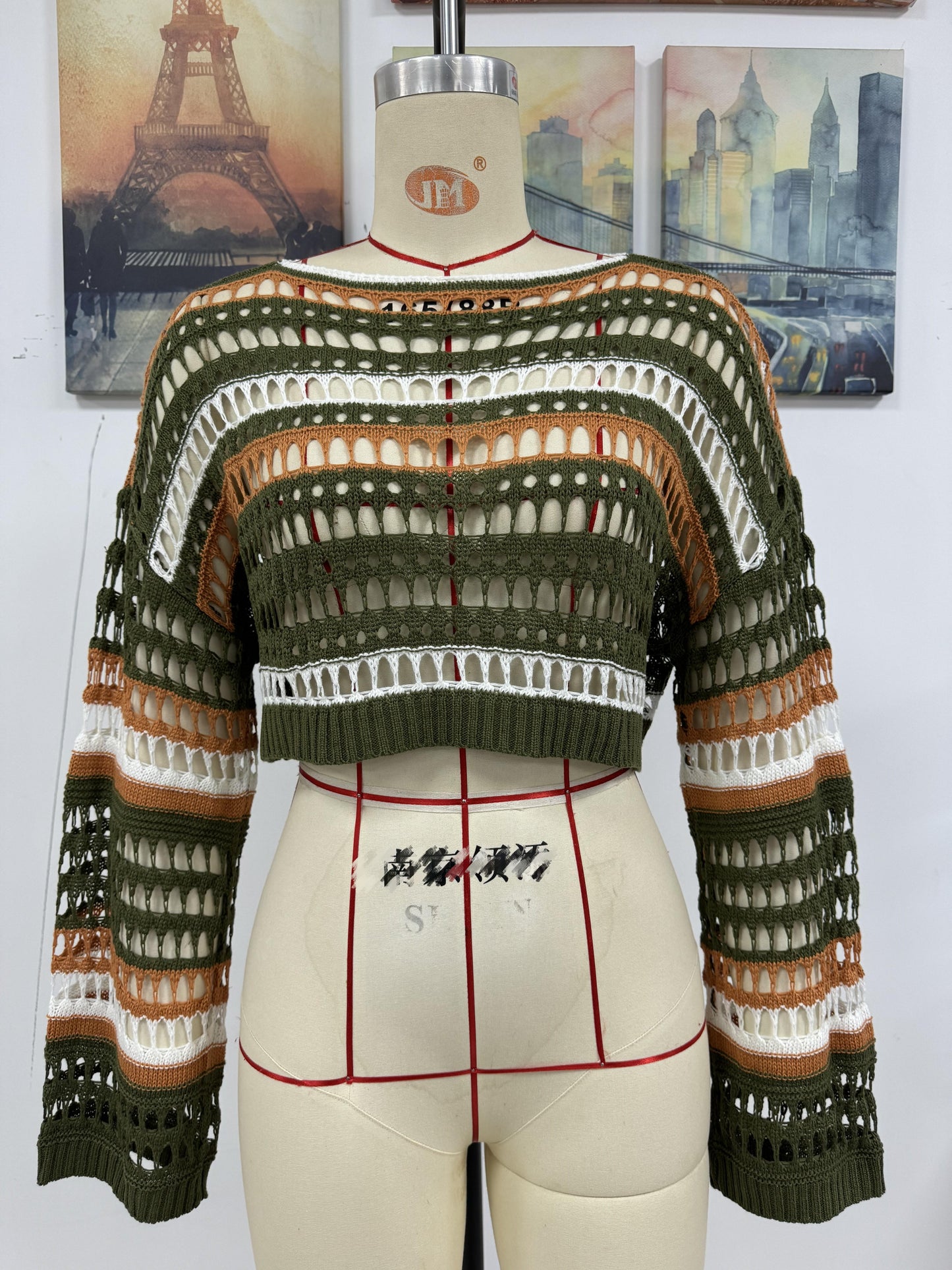 Spring Summer Women Hollow Out Cutout Striped Stitching Sexy Pullover Women Knitwear