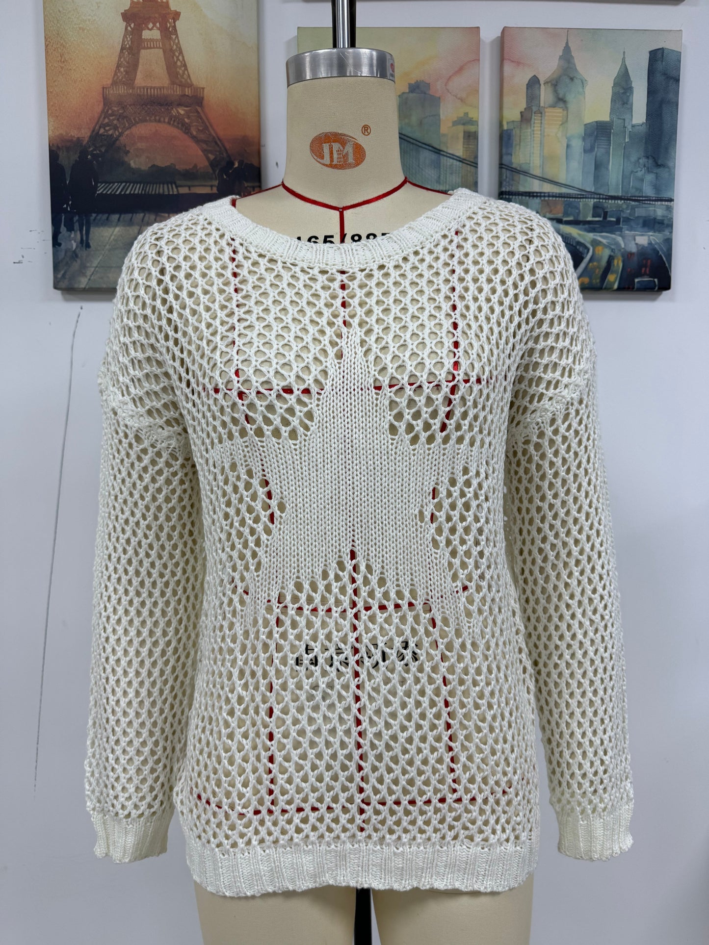 Summer Women Round Neck Five Pointed Star Sexy Cutout Pullover Women Knitwear