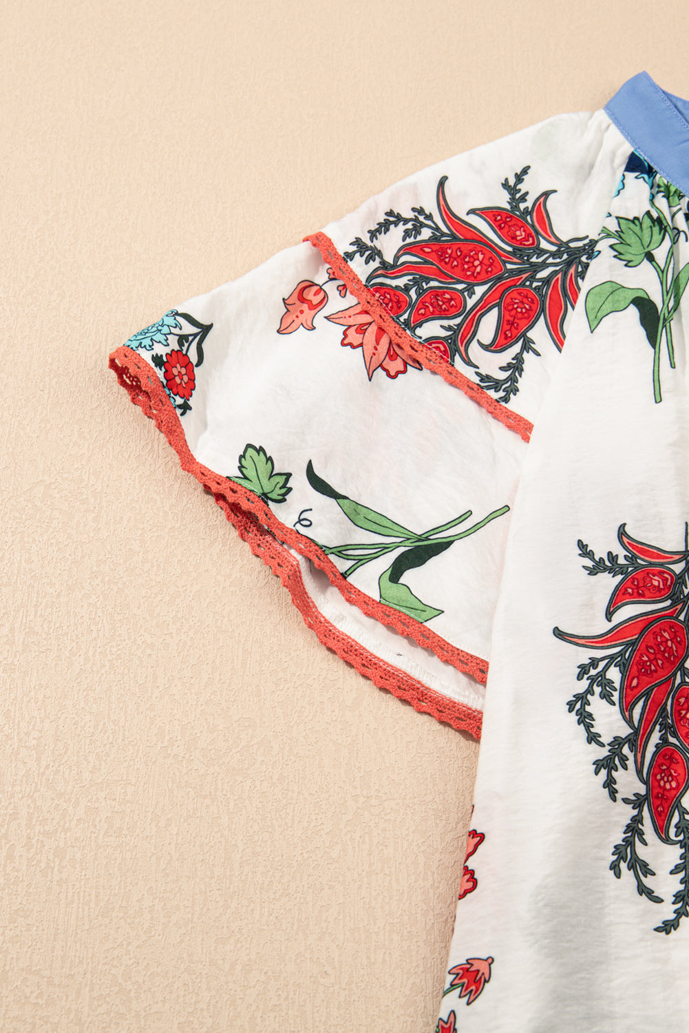 White Floral Print Contrast V Neck Tassel Tie Lace Detail Blouse