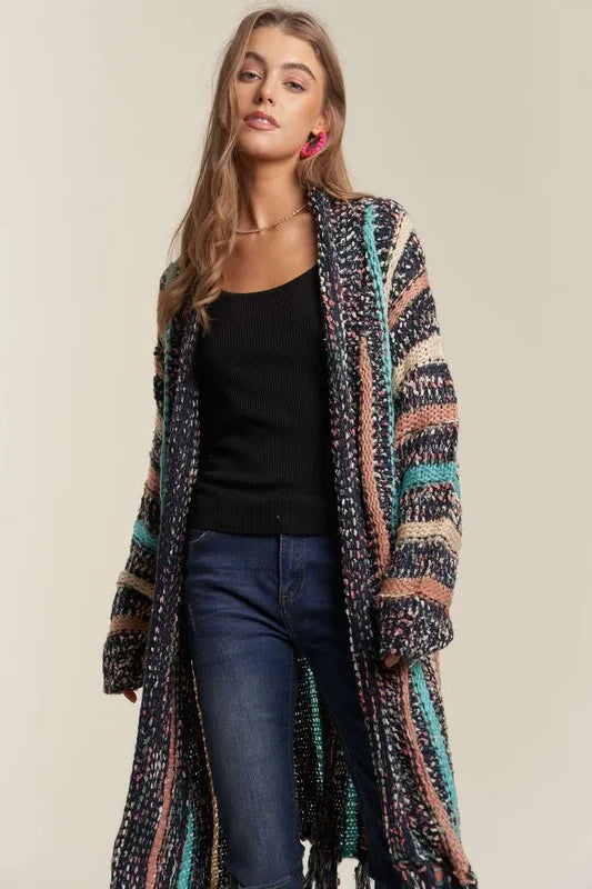 ADORA Multi Colour Sweater Long Cardigan with Fringes - Love Salve