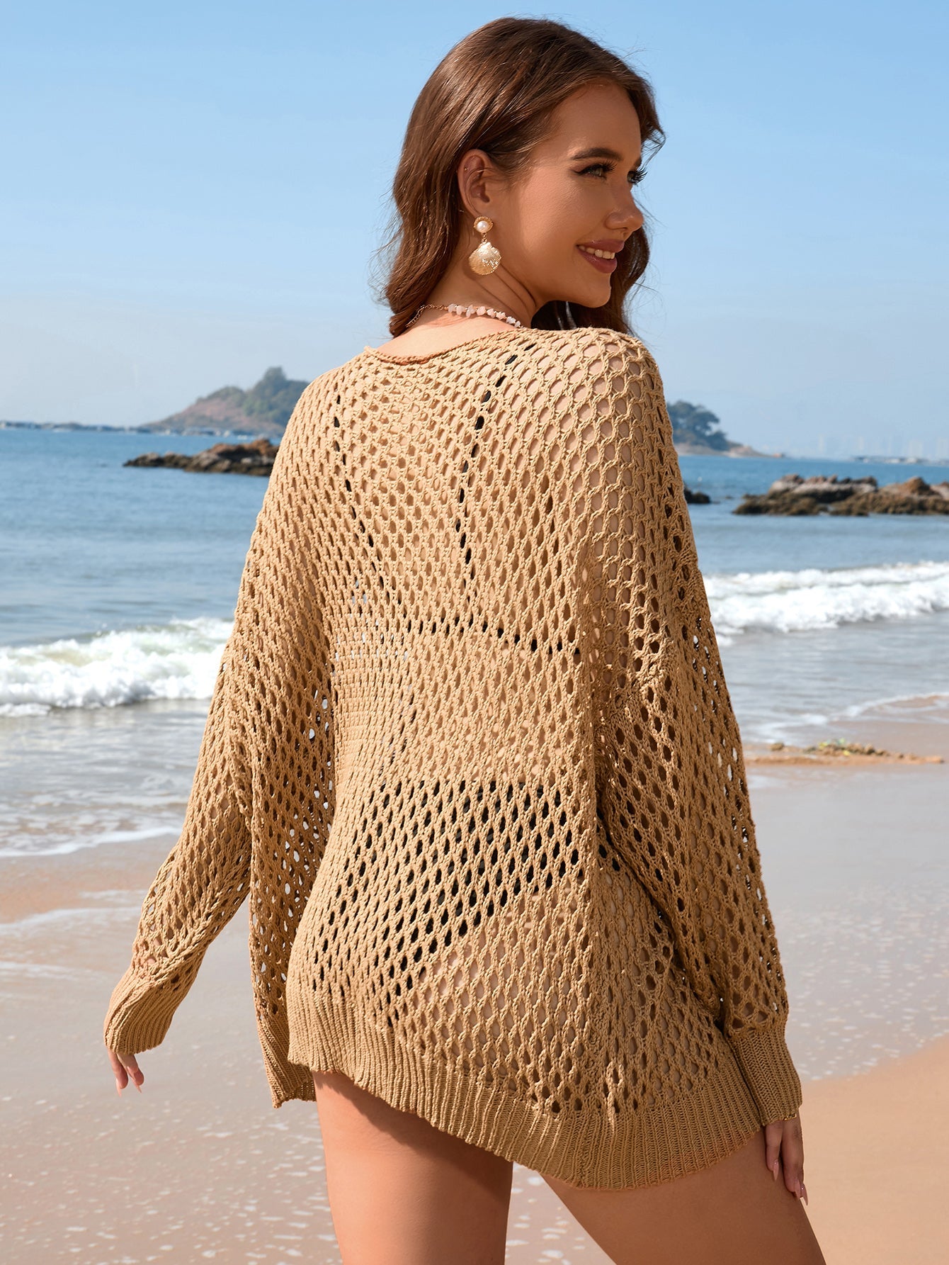 Summer Arrival Knitwear Long Sleeve Solid Color Loose round Neck Hollow Out Cutout out Women Knitwear