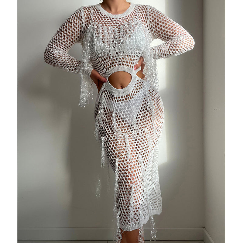 Bella Mia Apparel & Accessories > Clothing > Dresses - Hollow Out Cutout Knitted Sequin Tassel round Neck Cropped Outfit Long Sleeve Vacation Dress Sw