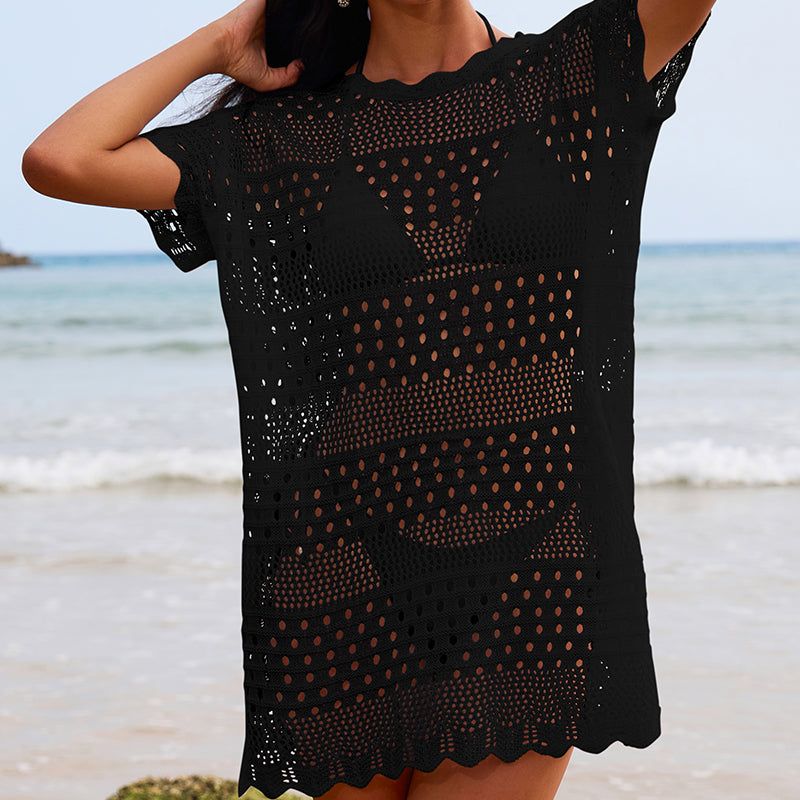 Bella Mia Sexy Hollow Out Cutout Texture Lace Collar Loose Pullover Mid Length Vacation Sun Protection Beach Blouse Crochet hook - Premium Quality Product | Fast Shipping & Returns