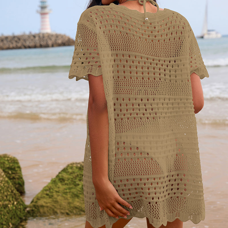 Bella Mia Sexy Hollow Out Cutout Texture Lace Collar Loose Pullover Mid Length Vacation Sun Protection Beach Blouse Crochet hook - Premium Quality Product | Fast Shipping & Returns