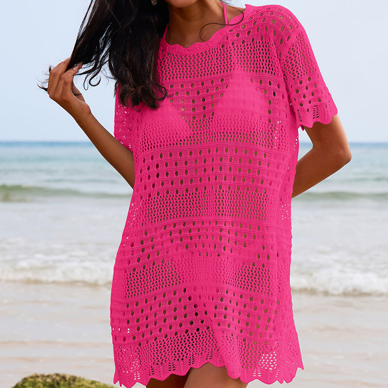 Bella Mia Sexy Hollow Out Cutout Texture Lace Collar Loose Pullover Mid Length Vacation Sun Protection Beach Blouse Crochet hook - Premium Quality Product | Fast Shipping & Returns