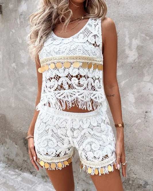 Women Solid Color Vacation Summer Top Crochet hook Bella Mia