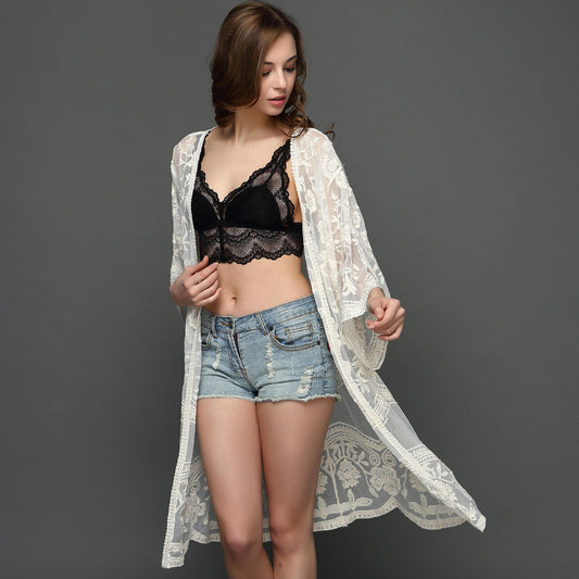 Special Loose Embroidered Lace Mesh See through Mid Length Seaside Sun Protection Clothing Cardigan Bella Mia