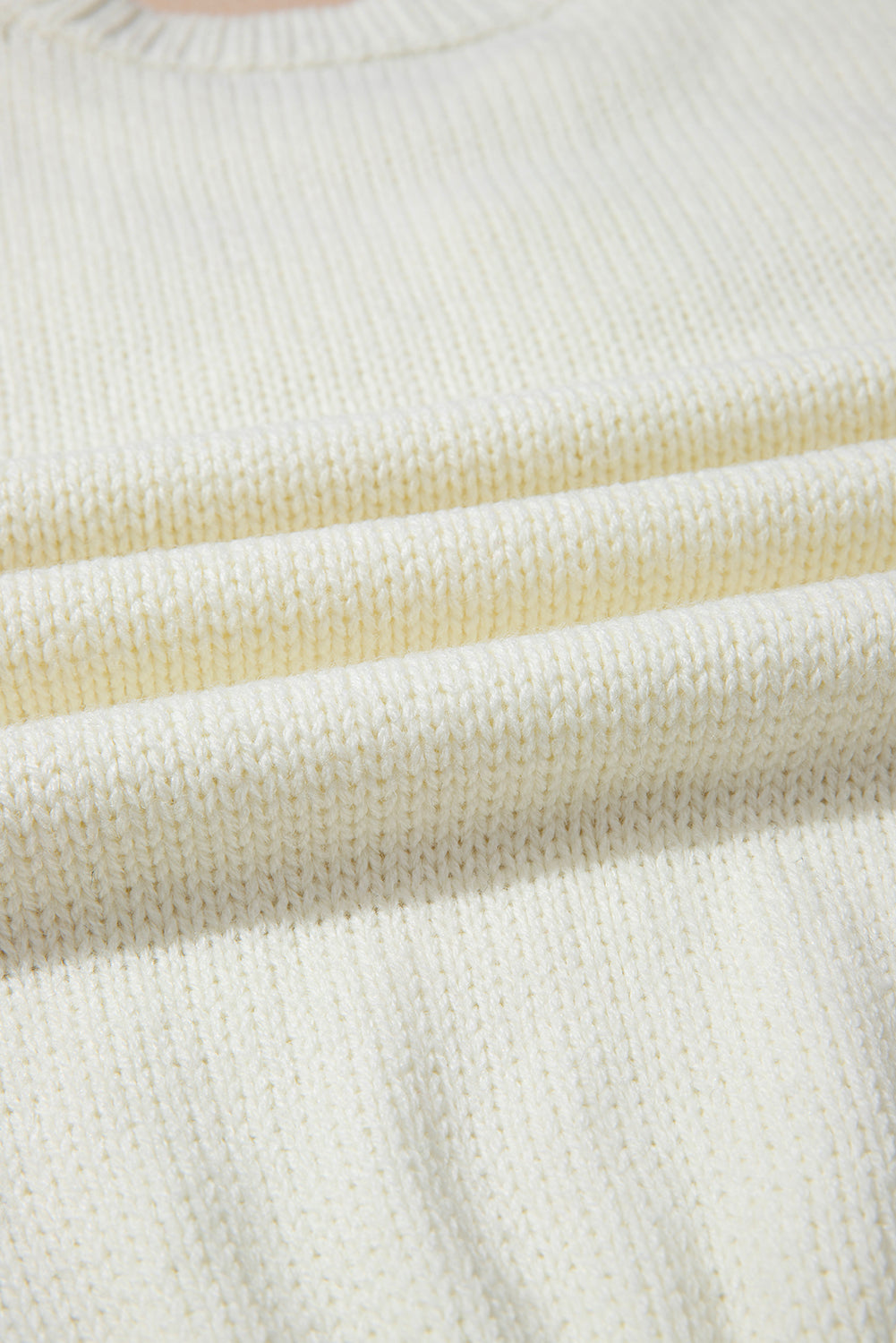 White Flower Round Neck Textured Puff Sleeve Sweater