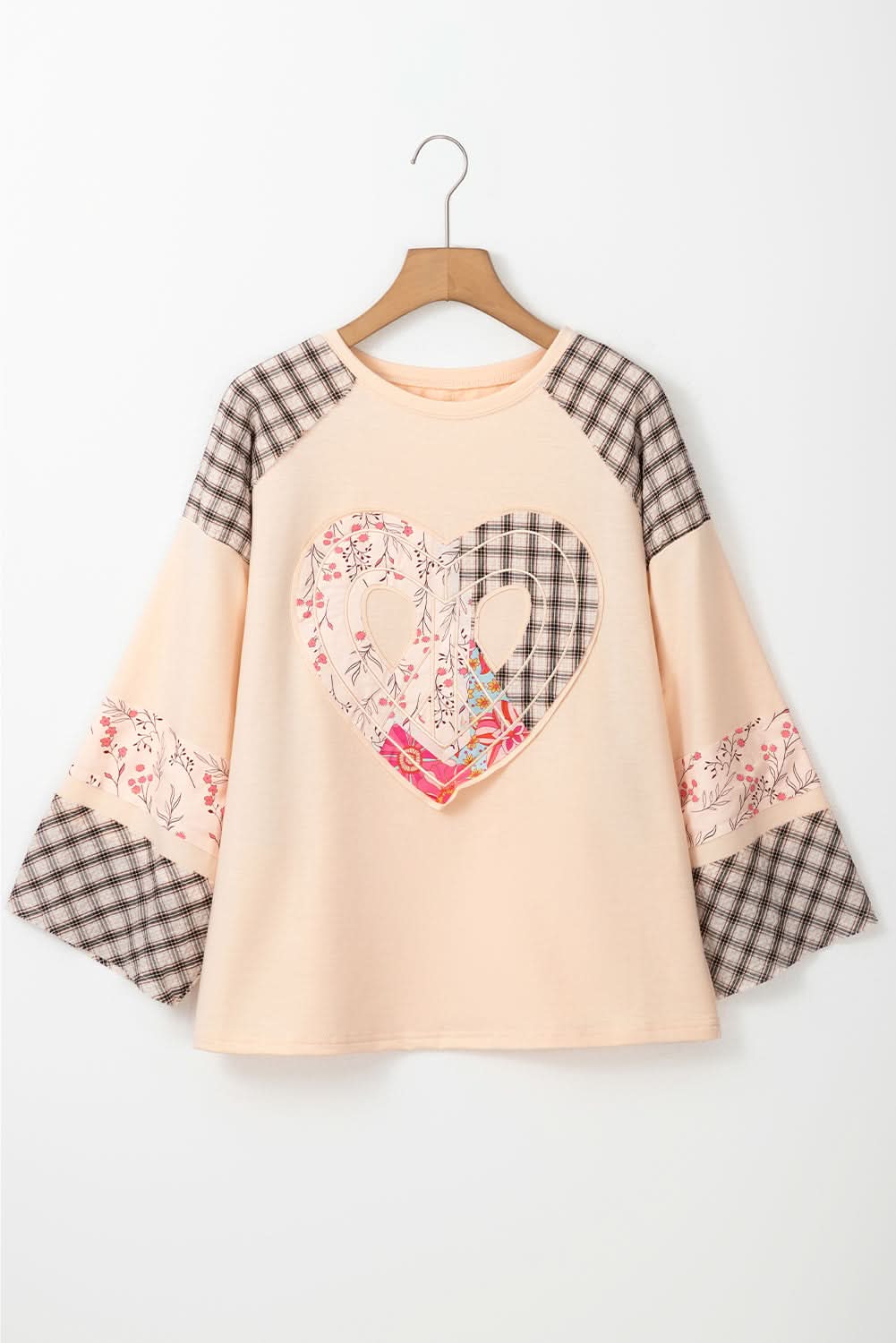 Beige Plaid Floral Peace Heart Graphic Wide Long Sleeve Top - Love Salve