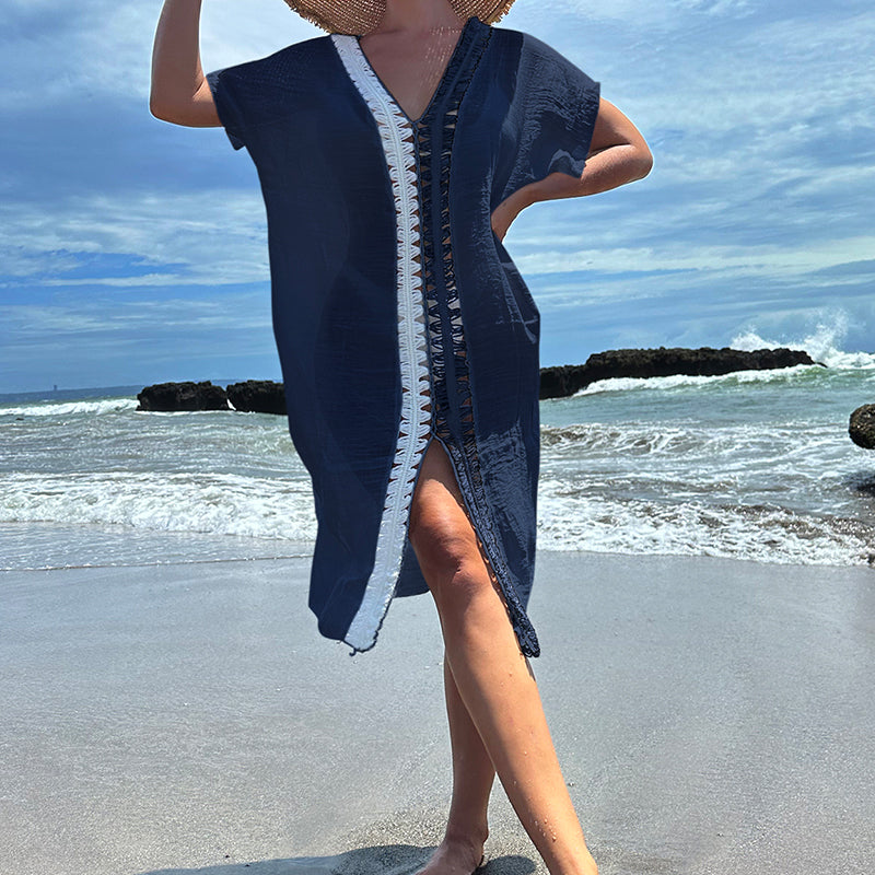 Holiday Hand Crocheting Stitching Contrast Color Beach Cover up See through Sun Protection Mid Slit Sexy Beach Cover up Crochet hook