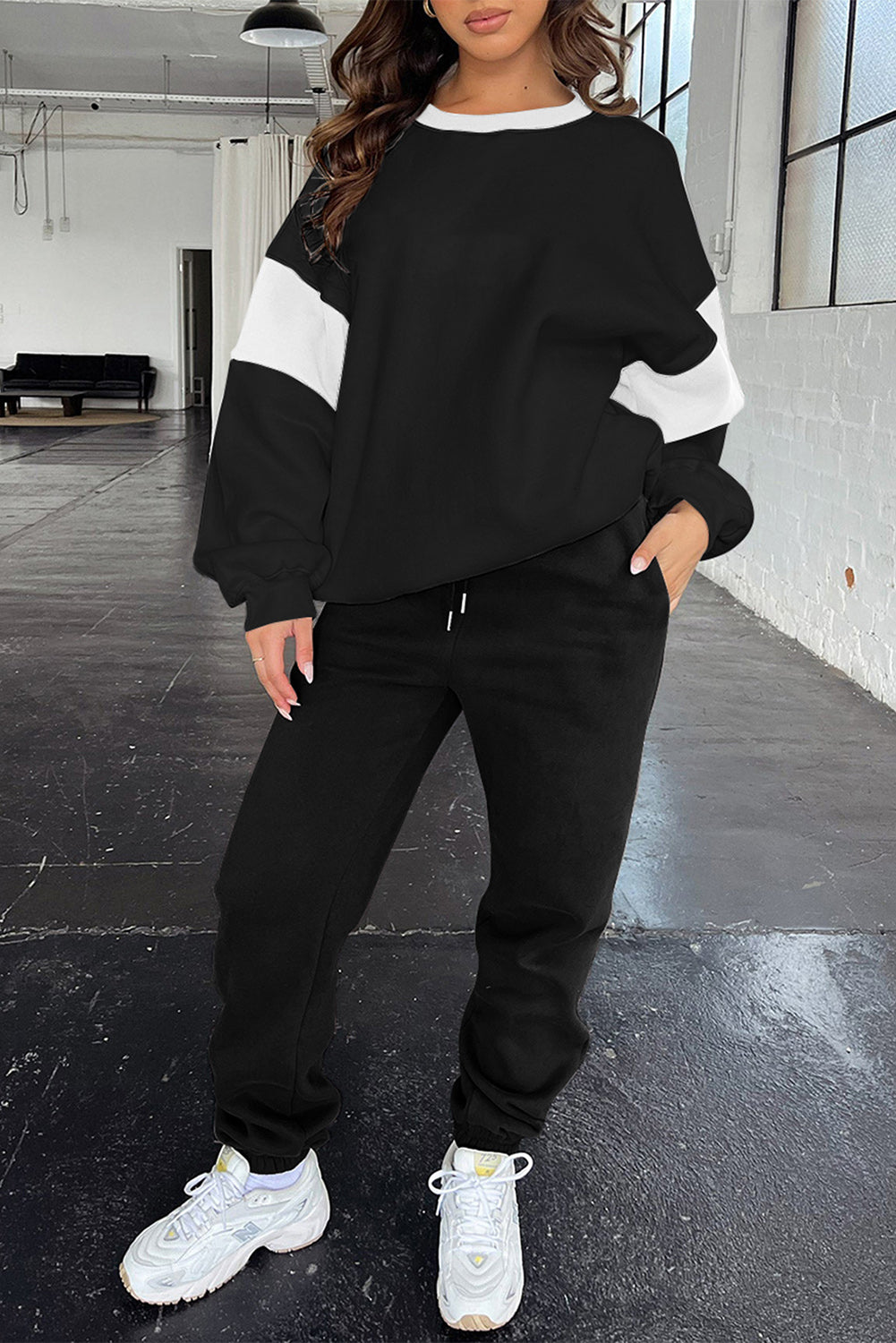 Black Drop Shoulder Loose Sweatshirt And Joggers Active Set