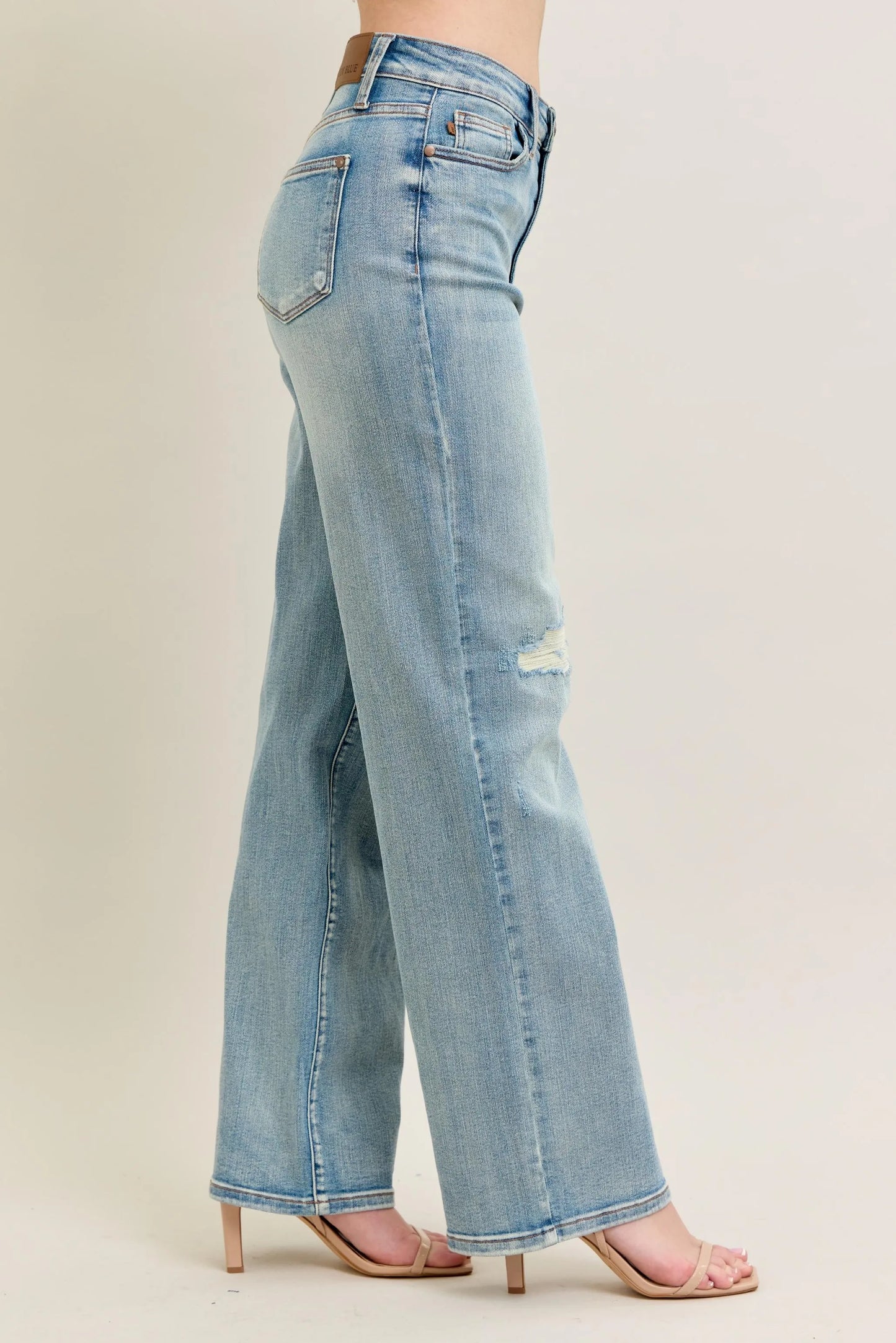 Judy Blue Plus Size High Rise Destroyed Knee Patch Straight Jeans - Love Salve