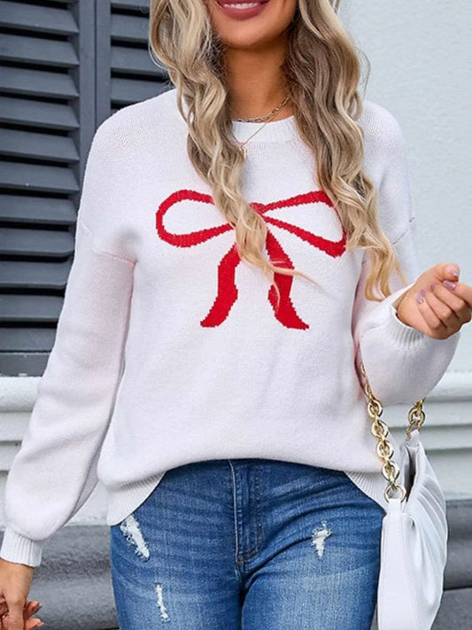 Charming bow print long sleeve sweater - Love Salve