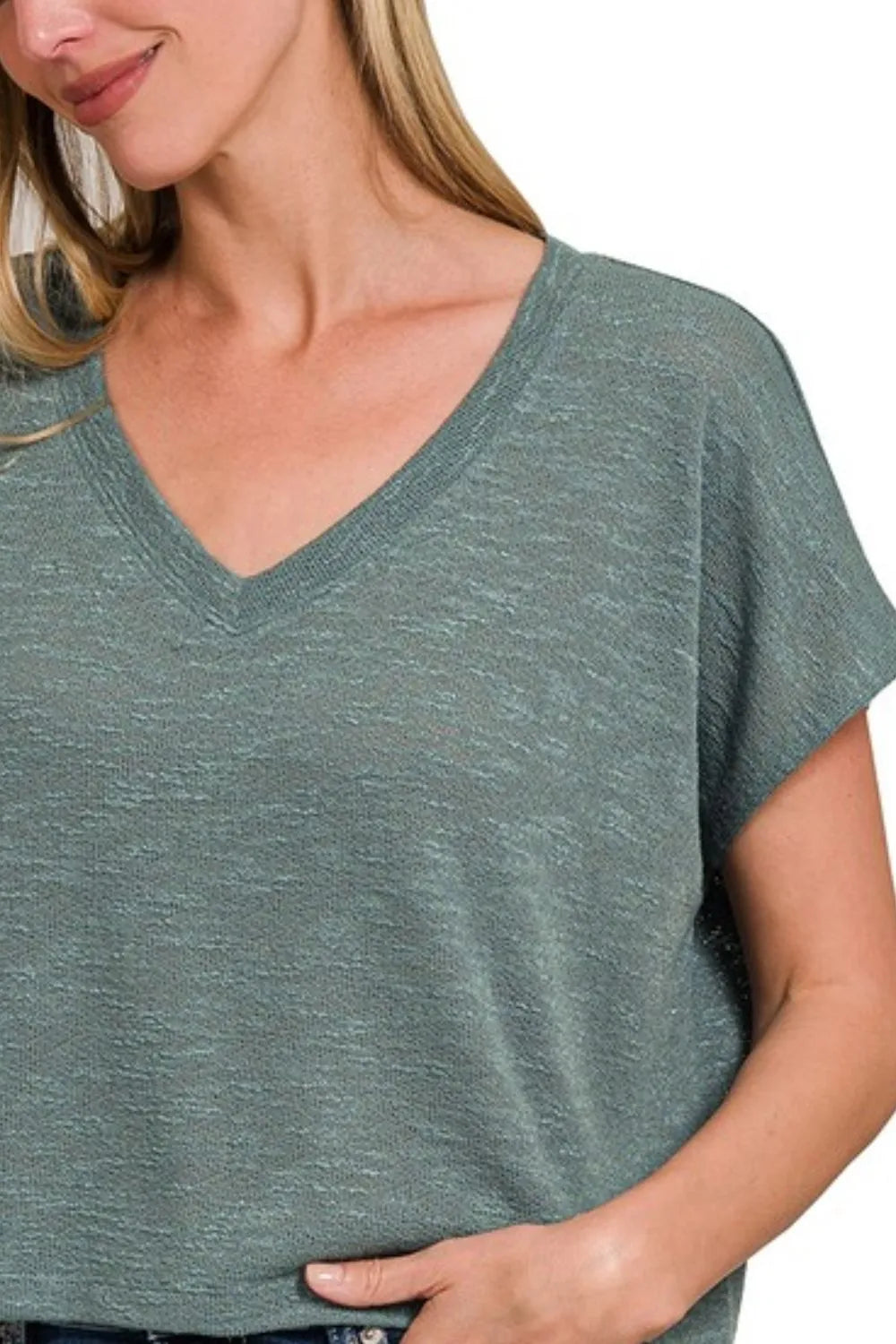 Zenana Hacci Slub V-neck Drop Shoulder Crop Top - Love Salve