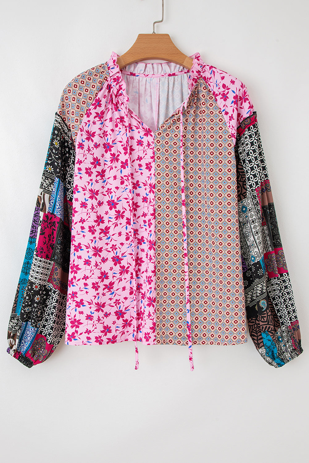 Premium Pink Boho Mixed Floral Drop Shoulder Bubble Sleeve Blouse