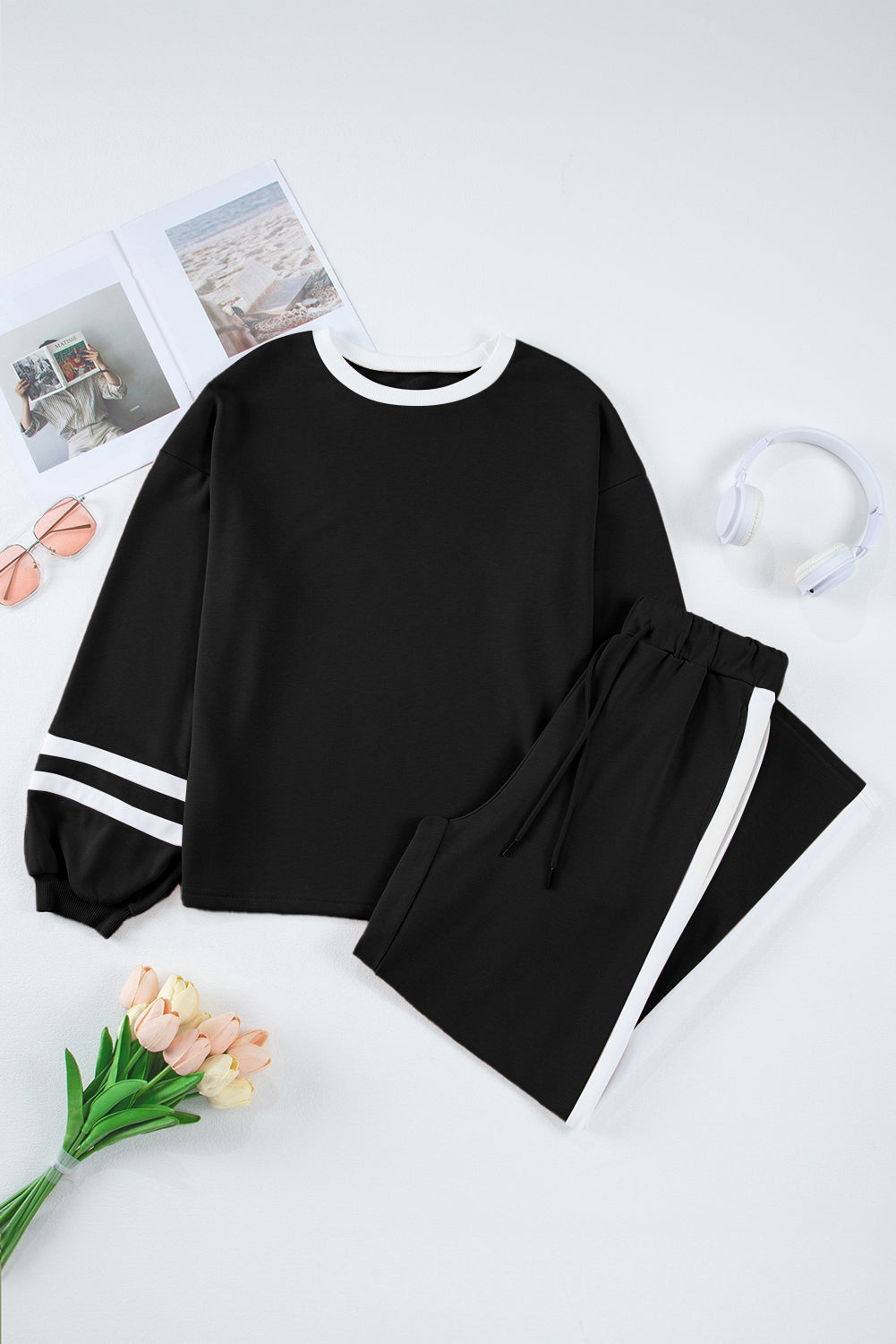 Black Varsity Stripe Patchwork Puff Sleeve Pullover Pants