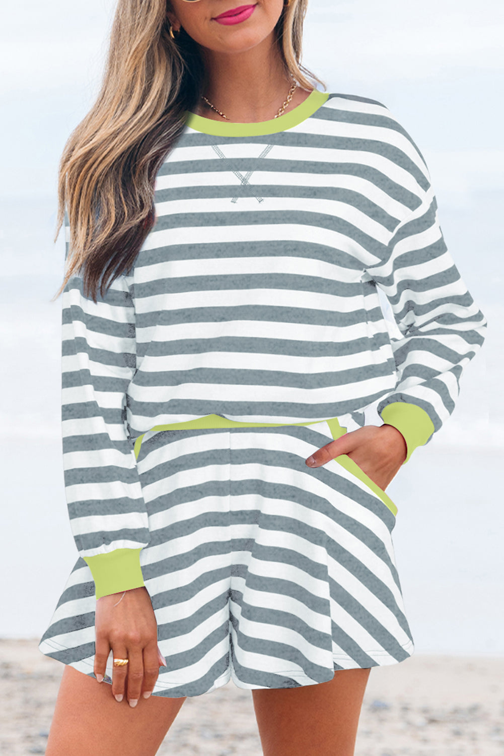Premium Gray Stripe Ribbed Long Sleeve Blouse Plus Shorts Set