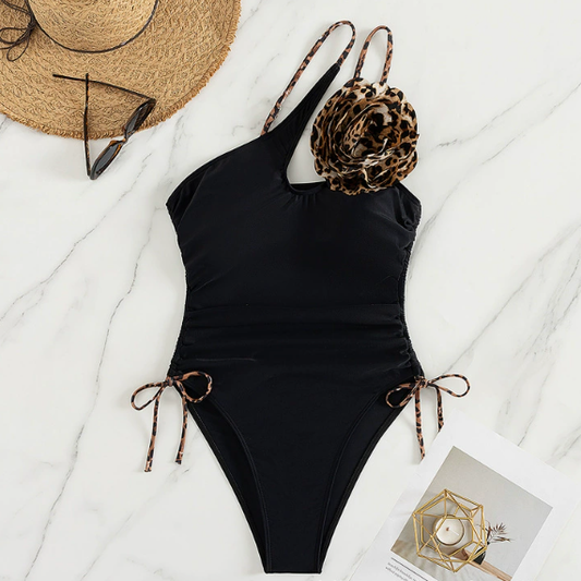One Piece Swimsuit Women One Shoulder Lace up Sexy Leopard Figure Swimsuit Bella Mia
