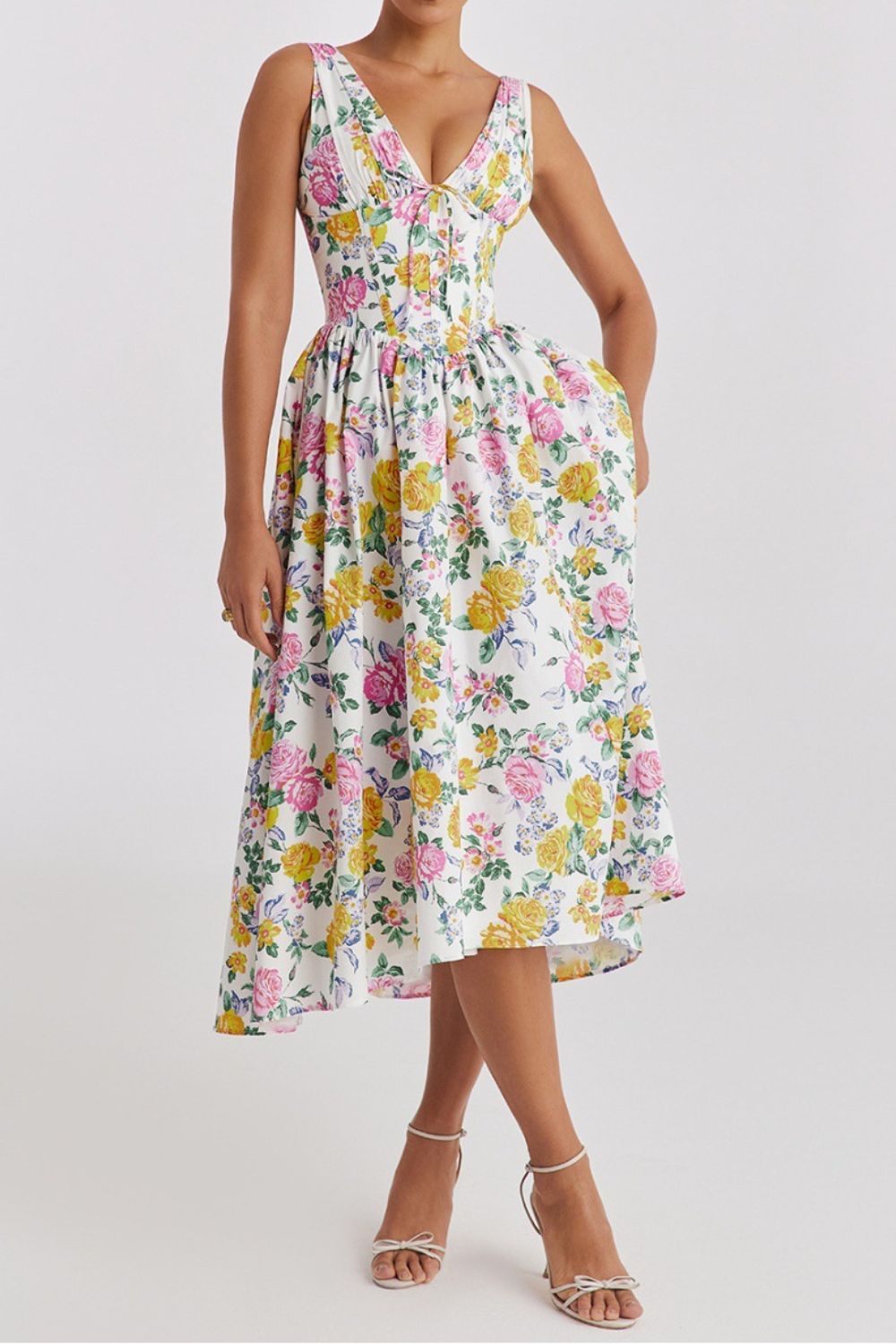 Garden Muse V-Neck Midi Dress with Pockets