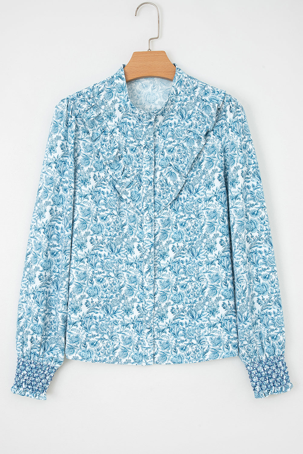Premium Sky Blue All Over Floral Puff Sleeve Shirt For Women