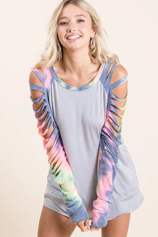 BiBi Jersey Knit Top with Tie Dye Laser Cut Sleeves - Love Salve