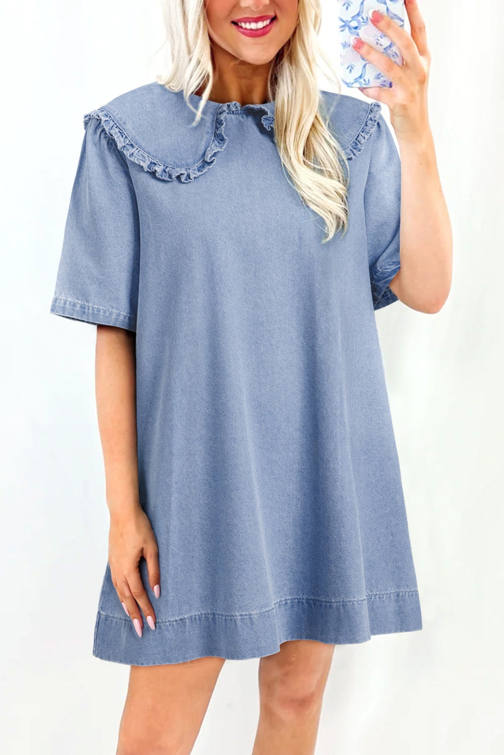 Beau Blue Frilled Peter Pan Collar Loose Denim Dress